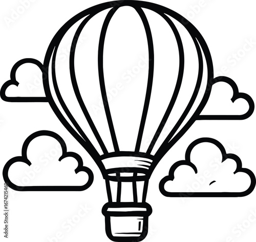 Black and white hot air balloon vector illustration. A simple graphic of an iconic travel vehicle floating in the clouds, ideal for adventure, tourism, or fantasy designs.