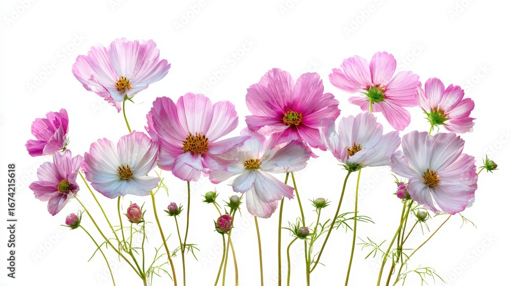 Fototapeta premium Delicate pink and white cosmos flowers bloom vibrantly against a stark white background.