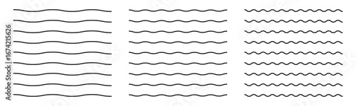 Zigzag wave line patterns, smooth end squiggly horizontal vector lines and black curvy underlines