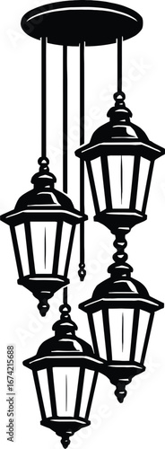 Black and white hanging lantern chandelier vector illustration. An ornate graphic of a multi-light fixture, perfect for home decor designs, lighting catalogs, and interior design themes.