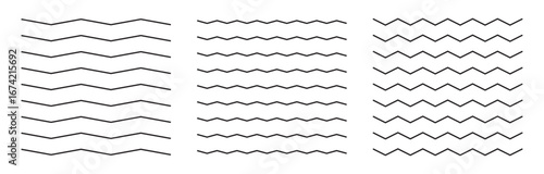 Zigzag wave line patterns, smooth end squiggly horizontal vector lines and black curvy underlines