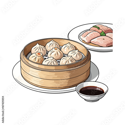 Dim sum dumplings in bamboo steamer with soy sauce and raw fish slices food asian food