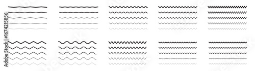Vector wavy and zigzag horizontal underline. Waves line set. Set of wavy lines. Wave line set. Vector water waves.