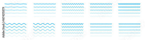 Water waves. Set of wavy zigzag lines. Wave thin line background. Vector zigzag and wavy horizontal underline. Vector illustration