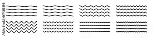 Water waves. Set of wavy zigzag lines. Wave thin line background. Vector zigzag and wavy horizontal underline. Vector illustration