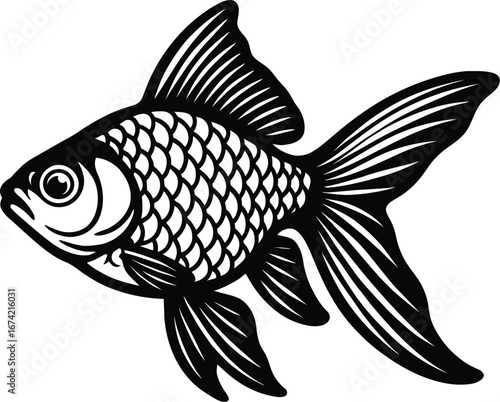 Black and white goldfish vector illustration. A detailed graphic of a pet fish, perfect for aquatic-themed logos, pet store designs, and symbolic projects.