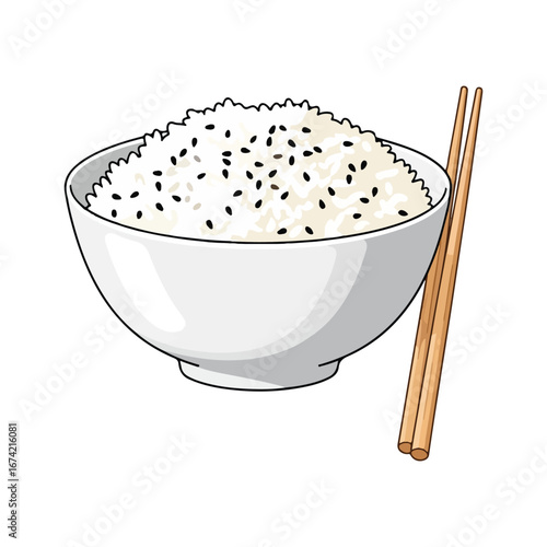 White bowl of rice with black sesame seeds and chopsticks asian food