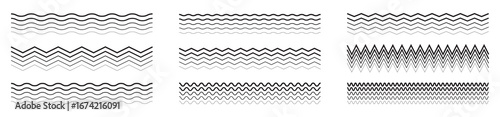 Set of wavy zigzag lines. Wave thin line background. Vector zigzag and wavy blue horizontal underline. Vector illustration 