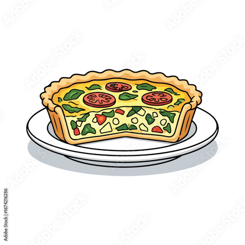 Slice of quiche with tomatoes and spinach on a white plate food pastry