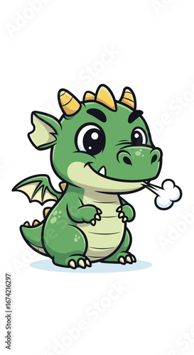 Cute dragon puffs smoke, smiles. Cartoon illustration, fantasy creature, fairy tale, mythical being, friendly mascot