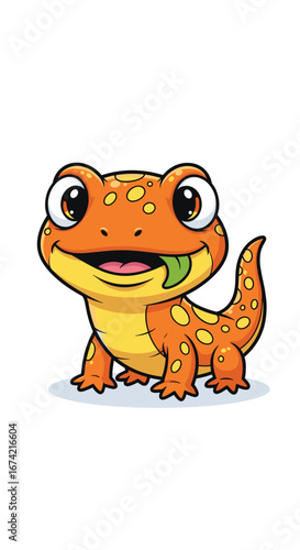 Cartoon lizard smiles, tongue sticking out. Cute reptile, orange, spotted, happy, fun, illustration, animal, character, drawing, wildlife, nature, amphibian, exotic