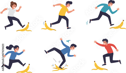 Funny cartoon people slipping on banana peel, set of characters in danger of falling, humorous accident concept, vector illustration pack.