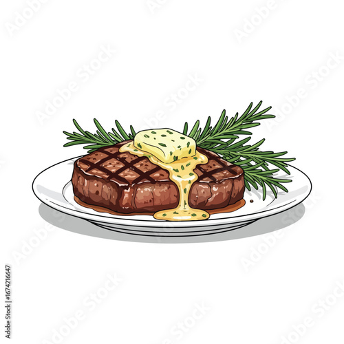 Grilled steak with herb butter and rosemary sprigs on a white plate beef meat