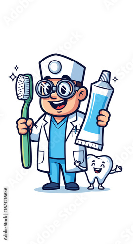 Dentist holds toothbrush and toothpaste with happy tooth character. Dental health, oral care, teeth, hygiene, cartoon, clinic, smiling, healthcare, wellness