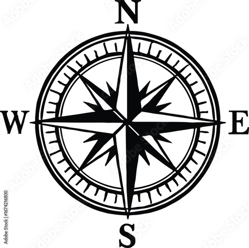 Black and white compass rose vector illustration. A simple graphic of a navigation tool, ideal for travel-themed designs, logos, and geographical concepts.