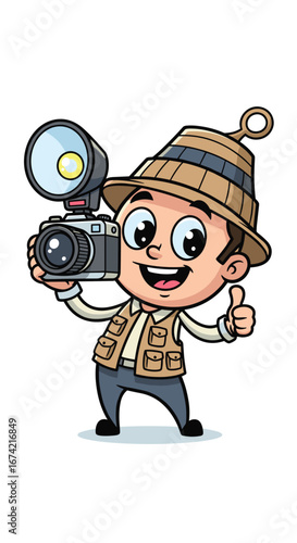 Cartoon photographer gives thumbs up while holding camera. Photography, safari, happy, adventure, travel, cartoon, illustration.