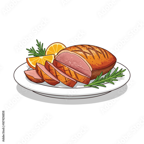 Sliced roasted duck breast with orange slices and rosemary on a white plate sliced duck