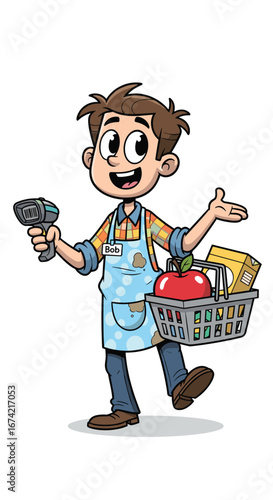 Cartoon grocery clerk named Bob scans items. Shopping, retail, employee, scanner, store, cashier, service, sale, market