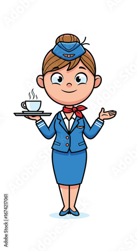 Cartoon flight attendant holds tray. Airline employee, stewardess service, hospitality job, uniform, travel industry, professional, friendly service, aviation, welcome aboard