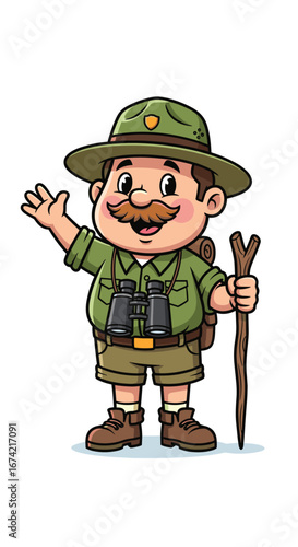 Cartoon park ranger waves hello, holding stick. Friendly guide, nature tour, outdoor adventure, exploration, hiking.