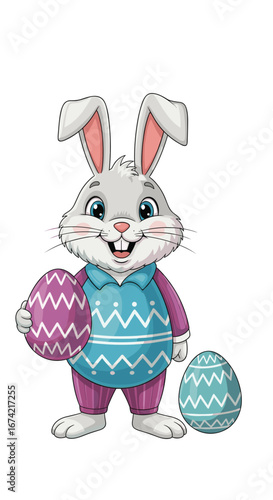 Bunny holds purple Easter egg. Festive rabbit cartoon, easter, spring, holiday, celebration, animal, decoration, greeting, happy, joyful