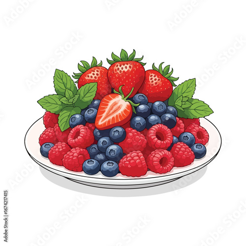 A white plate filled with fresh strawberries blueberries and raspberries garnished with mint leaves strawberry