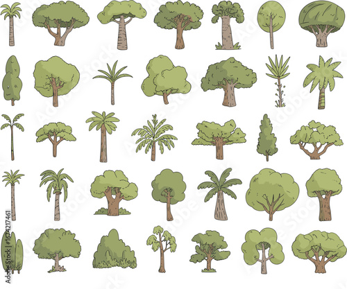 Hand-drawn cartoon tree collection, green forest plants, tropical palm trees, nature foliage, vector clipart, isolated landscape elements, stock illustration