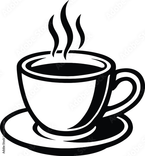 Black and white coffee or tea cup vector illustration. A simple graphic of a hot beverage mug with steam rising, ideal for cafes, breakfast themes, and morning routine designs.