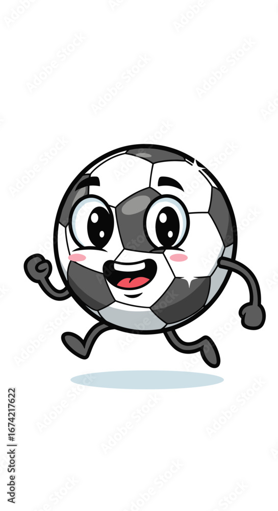 Obraz premium Happy soccer ball cartoon character runs and smiles. Sports, fun, energy, game, mascot, cheerful, athletic, activity, competition.
