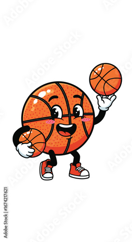 Cartoon basketball character dribbles and smiles. Sports mascot, friendly, fun, basketball, cartoon, animation, cute, cheerful, happy, smiling, playing, dribbling