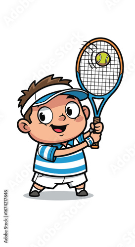 Cartoon boy hits tennis ball with racket. Youth sports, childhood, active, healthy, cute, fitness, game, competition.