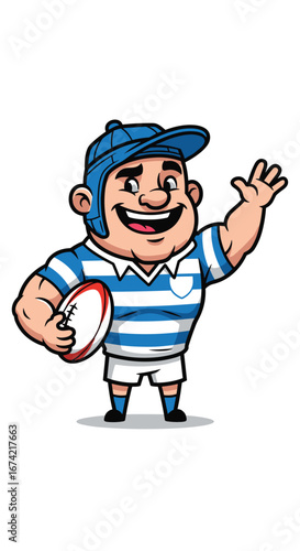 Cartoon rugby player waves, holding ball. Sports mascot, athletic, cartoon character, rugby team, athlete, friendly, cheerful.