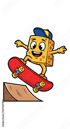 Cheese cube rides skateboard off ramp. Cool skater cartoon character with hat. Skateboarding, animation, sports, recreation, fun, happy, trick, extreme, ramp.