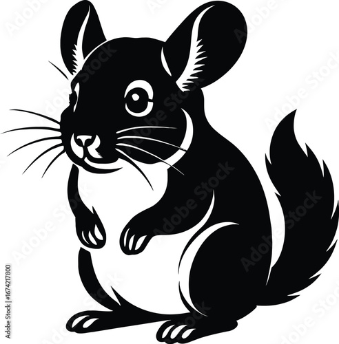 Black and white chinchilla vector illustration. A cute, fluffy rodent graphic perfect for pet-related logos, children's designs, and animal-themed projects.
