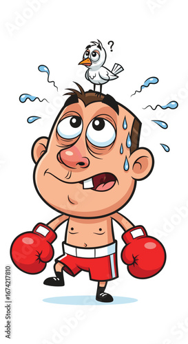 Boxer with sweat and a bird on his head looks up confused. Cartoon character, boxing, anxiety, stress, confusion, awkward, strange, sport, fatigue.