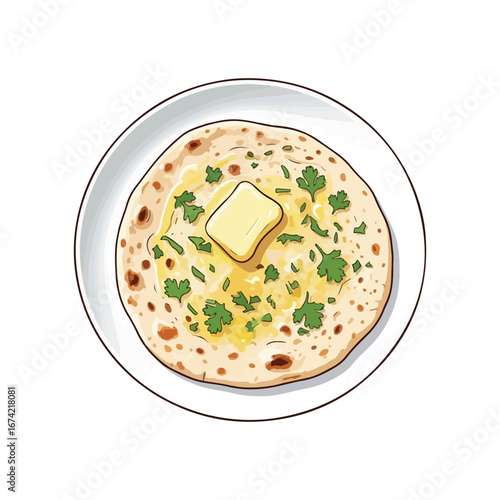 Flatbread with melted butter and chopped parsley on a white plate vector