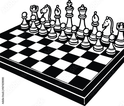 Black and white chessboard with pieces vector illustration. A graphic of a full chess set ready for play, perfect for strategy games, intellectual themes, and competitive spirit designs.