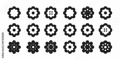 Collection of simple black flower icons with varying petal designs and inner details