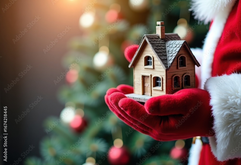 custom made wallpaper toronto digitalSanta Claus holding a small toy house in the palm of his hand with a Christmas tree in the background
