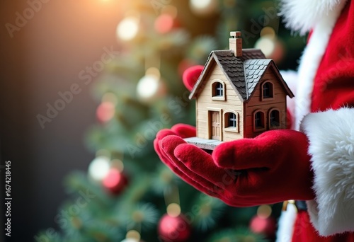 Santa Claus holding a small toy house in the palm of his hand with a Christmas tree in the background