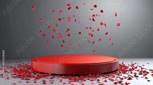 Red Podium with Falling Rose Petals Romantic Product Display Background