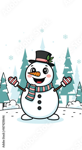 Cartoon snowman cheerfully welcomes winter. Festive, holiday, season, snow, winter, happy, fun, cheerful, joy, xmas, december, outdoors.