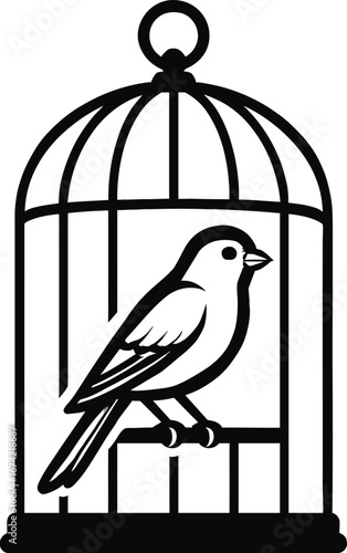 Black and white bird in a cage vector illustration. A simple graphic of a songbird in a classic cage, ideal for pet-related designs, home decor themes, and symbolic projects.