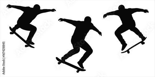 Silhouettes of three skateboarders performing tricks on white background skateboarding jump