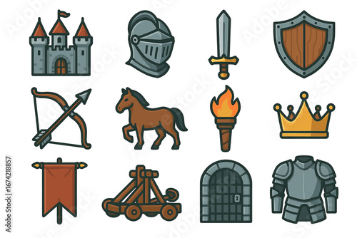 Medieval icons collection featuring castle, armor, sword, and more