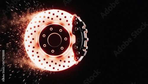 Glowing hot high-tech ceramic brake disc with flying sparks on black.