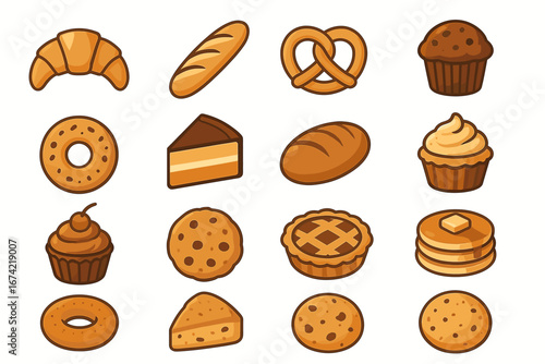 Assorted bakery icons: croissants, bread, pretzels, donuts, cakes, and more