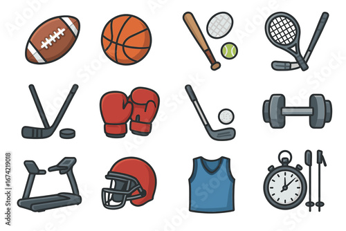 Collection of sports equipment icons featuring ball, racket, and gear illustrations