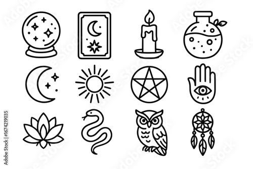 Mystical symbols: crystal ball, tarot card, candle, potions, celestial icons, and amulets