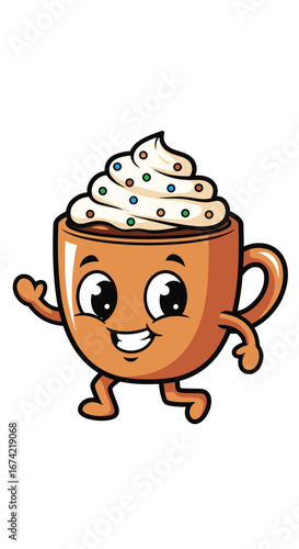 Animated coffee cup character walks and waves. Cartoon, food, drink, fun, happy, cute, graphic design, mascot.